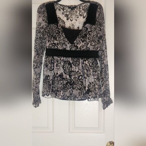 Eci 8 Gray Black 100% SILK LSlv Zipp Flocking Floral Print V-neck Women Blouse - Picture 4 of 12